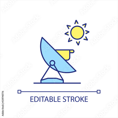 Parabolic solar oven blue and yellow RGB color icon. Thermal collector. Sunlight cooker. Satellite dish. Isolated vector illustration. Simple filled line drawing. Editable stroke. Arial font used