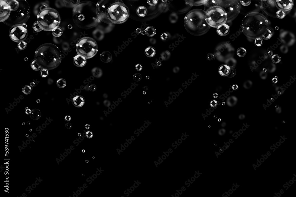 Transparent Air Bubbles Float Up on Black Background. Freshness Circles Bubbles Water. Soda Water breezy	