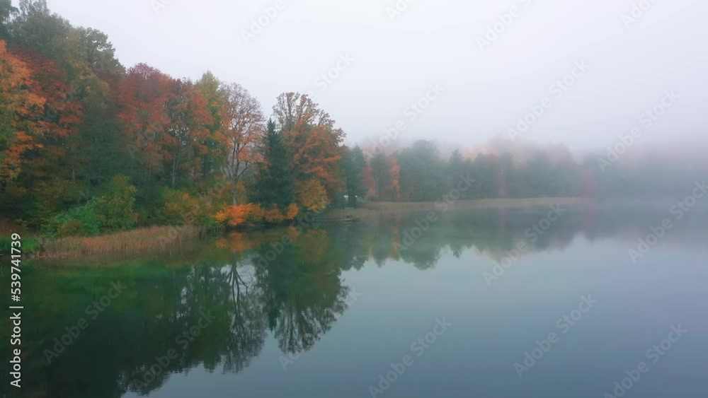 Foggy Autumn Forest Lake. Mist covering water, slow aerial movement
Foggy Autumn Forest Lake. Mist covering water, slow aerial movement