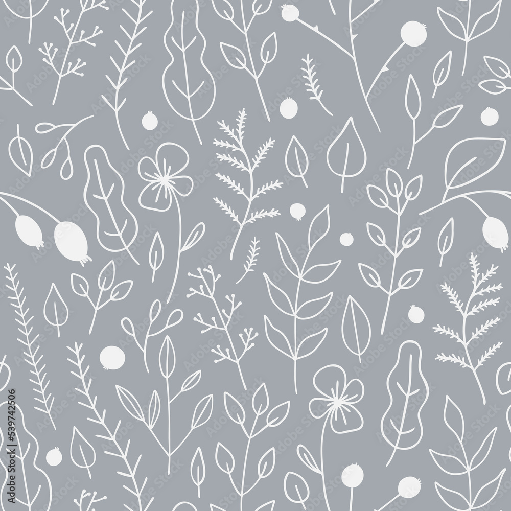 Vector seamless pattern with plants silhouettes, branches, berries and leaves. For wallpapers, full decoration, invitation card, fabric, textile, bed linen print, gift and wrapping paper, jotter cover