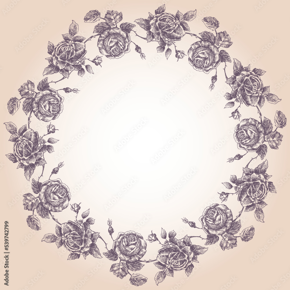 Decorative greeting card with round border of drawn roses