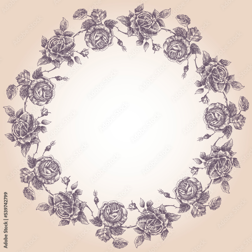 Decorative greeting card with round border of drawn roses Decorative greeting card with round border of drawn roses