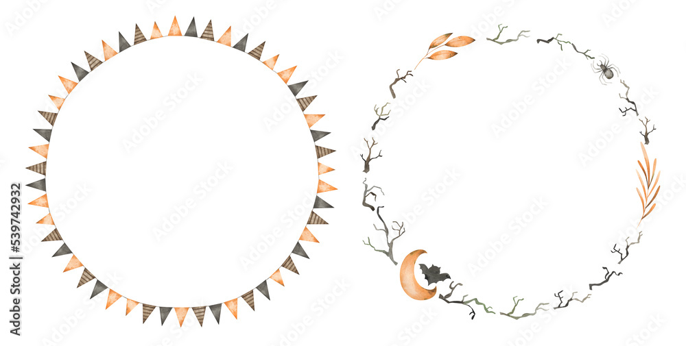 Watercolor Halloween wreaths with paper garlands, moon, bat, spooky tree branches. Cute frames for creative design Watercolor Halloween wreaths with paper garlands, moon, bat, spooky tree branches. Cute frames for creative design