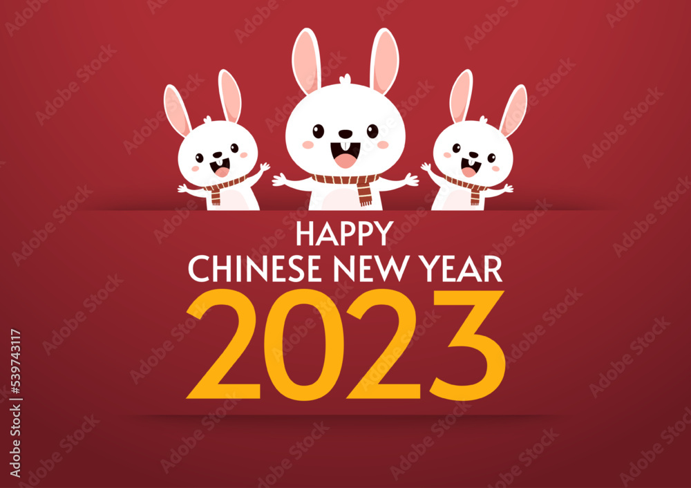 Happy Chinese new year greeting card 2023 with cute rabbit. Animal holidays cartoon character. Rabbit icon vector. Year of Rabiit.