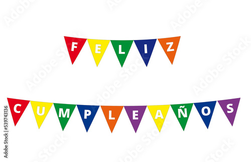Banderín de Feliz cumpleaños de colores sobre un fondo blanco liso y aislado. Vista de frente y de cerca. Copy space