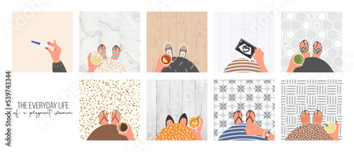 Set of illustrations of a pregnant girl's everyday life with a top view of her tummy, healthy lifestyle, drinking healthy drinks, juices, matcha, tea, decaffeinated coffee. Vector