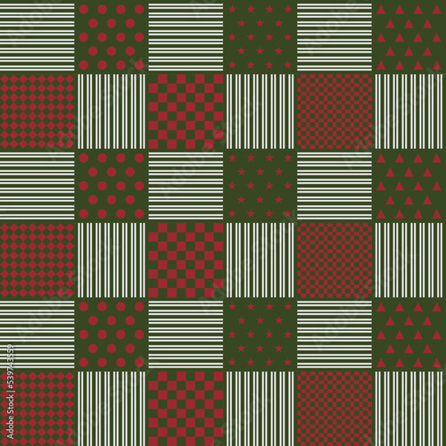 Dark red and green seamless pattern with dotted, checkered, striped, star, and triangle for winter or Christmas background, textile, texture, decoration, web or print design