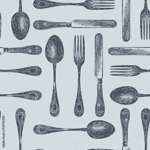 Seamless pattern of set drawn vintage cutlery