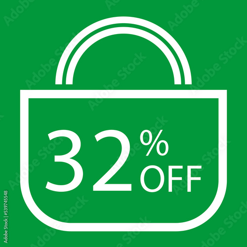 32 percent off. Green banner with shopping bag illustration.