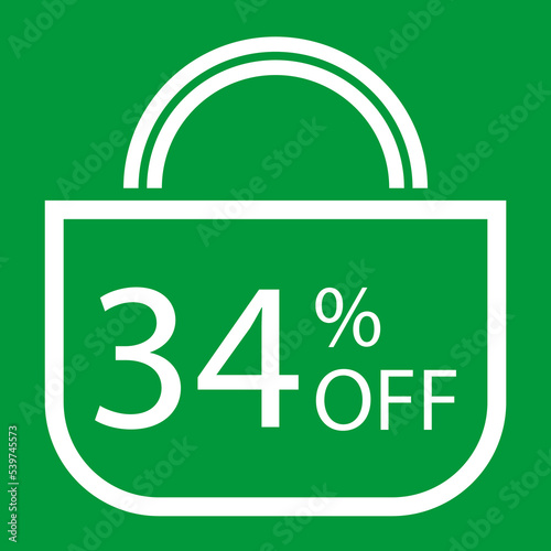 34 percent off. Green banner with shopping bag illustration.