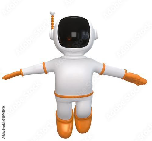 Cute cartoon astronaut in white space suit is weightless in zero gravity space 3d rendering