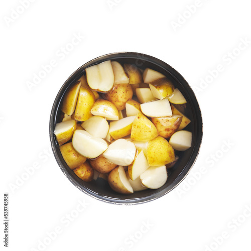 Isolated pot with farm, young potatoes on a transparent background. Natural simply food. Cooking potatoes 