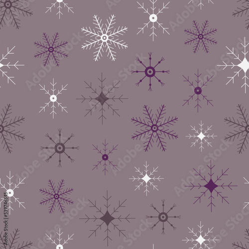 Snowflakes seamless pattern. Hand drawn 
purple winter background. Doodle festive vector print. Christmas, New Year snowflakes illustration	
