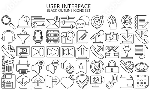 user interface and basic app black outline icons set. include mail, arrow, upload, download an more. use for UI or UX kit, web, digital banner and app. vector EPS 10 ready convert to SVG.