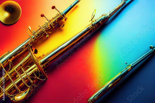 Vibrant Brass Symphony: Trumpet & flutes contrasted on radiant rainbow gradient. Ideal for music festivals, jazz events, and colorful art presentations., generative ai 