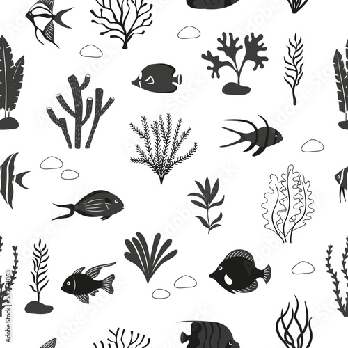 Seamless sea fish and seaweeds pattern. Vector coral reef background with tropical fish and plants. Black and white illustration.