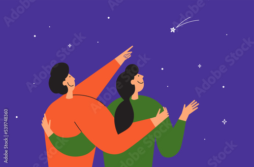 Happy lovers looking at shooting star. Man hugging woman pointing hand at star. Smiling couple enjoy blue night sky. Love, make wish, romantic relationship. Comet, starry space vector illustration