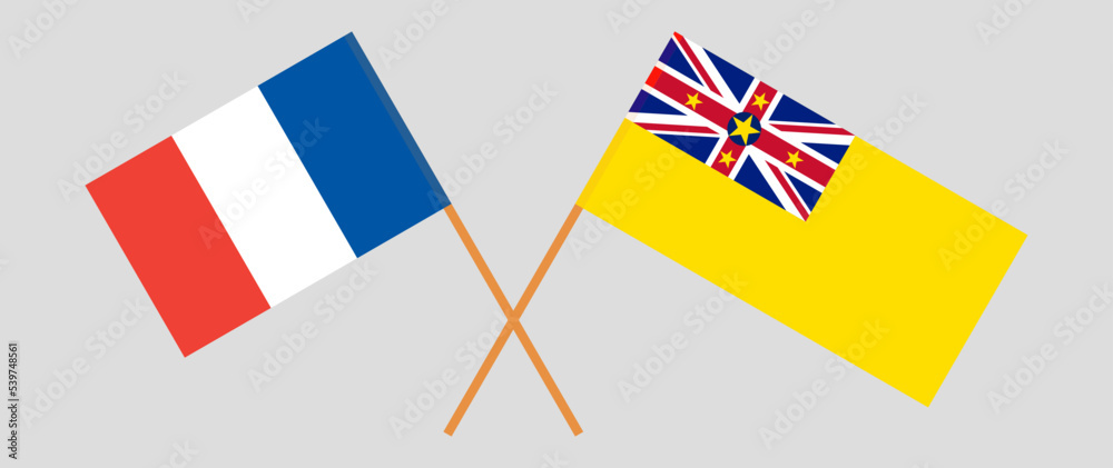 Crossed flags of France and Niue. Official colors. Correct proportion