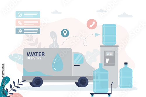 Company delivers gallons of water for coolers. Truck full of plastic water bottles for customers