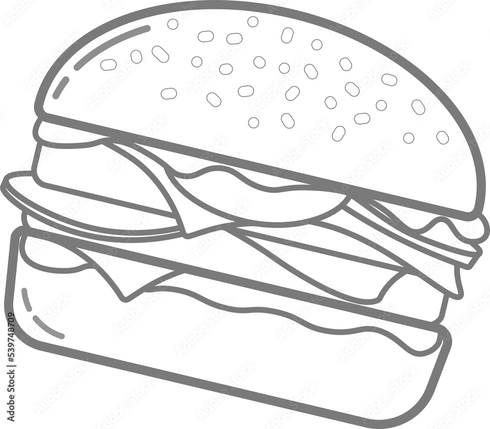 Isolated vector Illustration of outline black Burger with sesame, meat ham and cheese isolated, icon, symbol, logo Isolated vector Illustration of outline black Burger with sesame, meat ham and cheese isolated, icon, symbol, logo