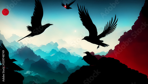 silhouette of birds in the mountains vector art © Faisal