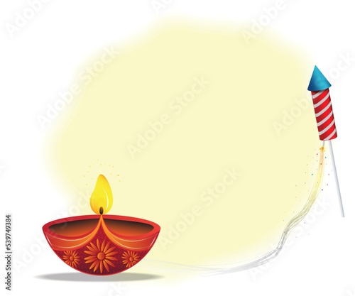 Diwali greeting template with beautiful burning Diwali Diya oil lamp with crackers on yellow background.