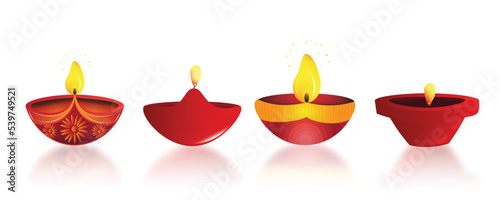 Diwali diya (Indian oil lamp) collection on white background. Indian Light Festival. Holiday design.