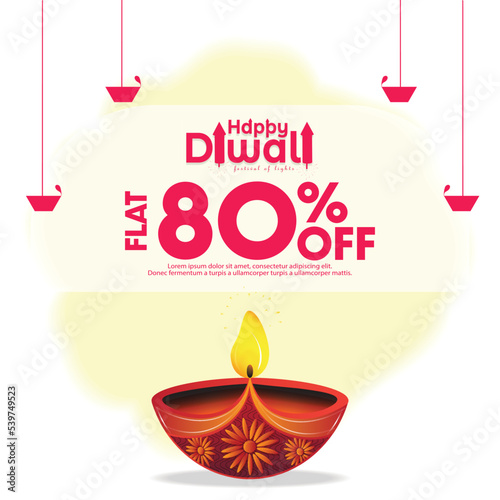 Happy Diwali Flat 80% Off. Vector design of big oil lamp on white background. Diwali Sale Festival season.