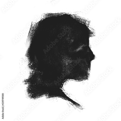 Silhouette of a teenager's head on a white background. Profile drawn in ink. © lavrentyeva