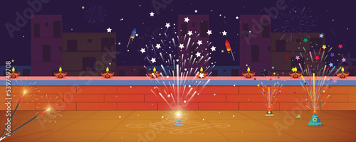 Happy Diwali festival background with crackers. illustration of an Indian house decorated with an Indian Diya oil lamp.