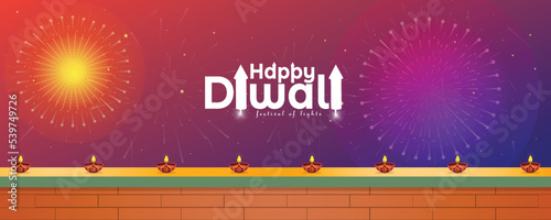 Happy Diwali festival background with crackers. Vector illustration of an Indian house decorated with an Indian Diya oil lamp.
