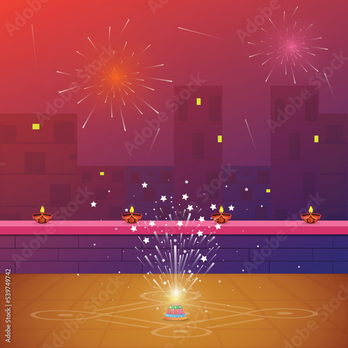 Happy Diwali festival background with crackers. Vector illustration of an Indian house decorated with an Indian Diya oil lamp.