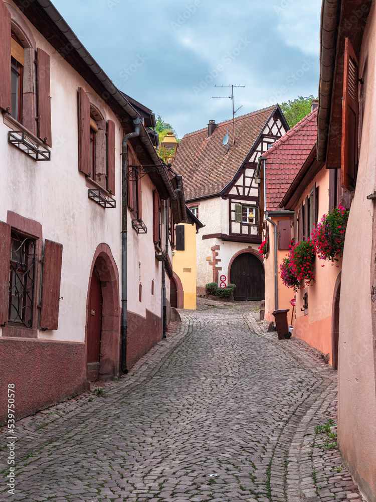 Street of the traditional historic village of Gueberschwihr in Alsace, France