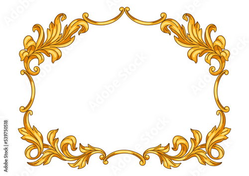 Decorative floral frame in baroque style. Golden curling plant.