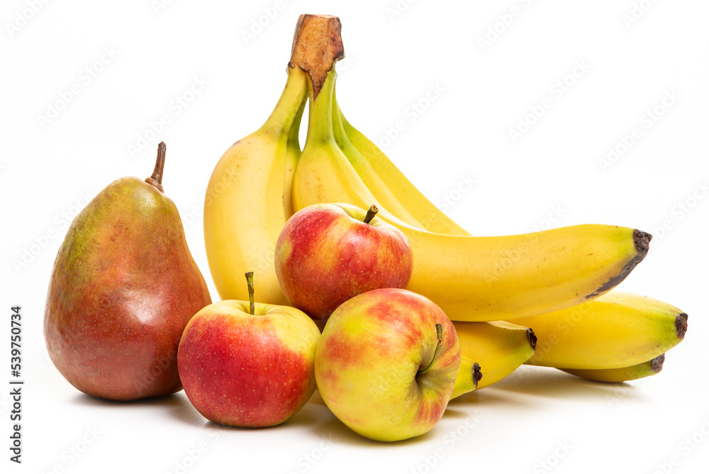 Pear, apples and bananas. Isolate on a white background.