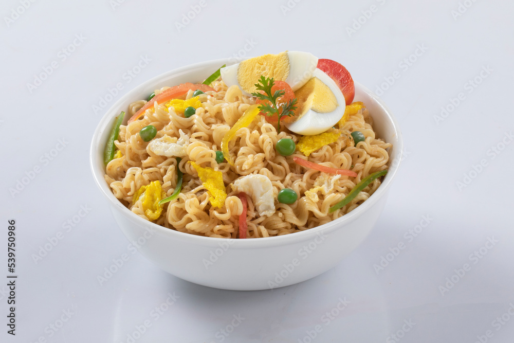 plane, chicken, egg, beef, prawn instant noddle's isolated on white background for design or packaging