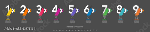 Modern vector flat illustration. Infographic numbers template with nine arrows, icons. Timeline designed for business, presentations, web design, interface, diagrams with 9 steps on black background