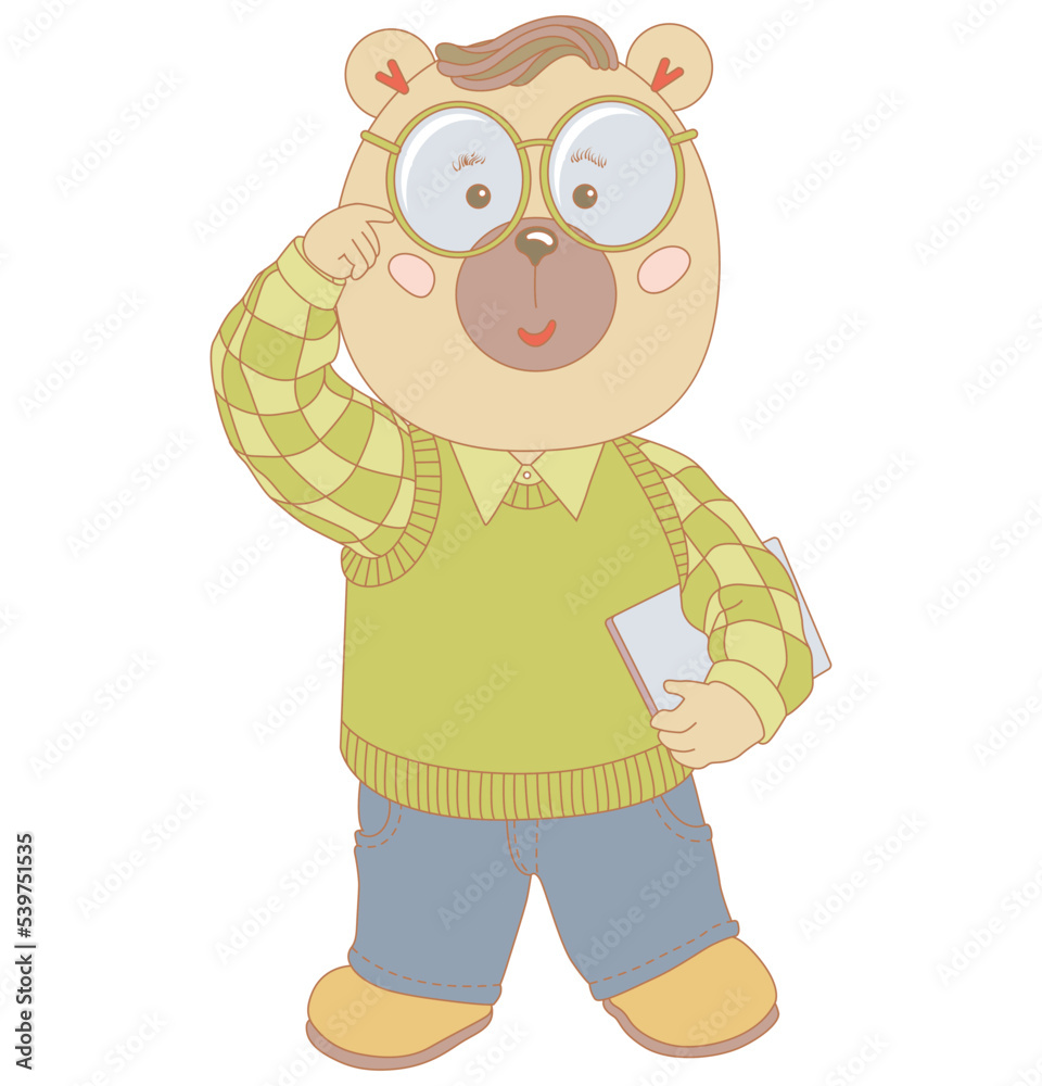 Cute cartoon illustration with teddy bear. Funny scientific discover  looks through glasses. 