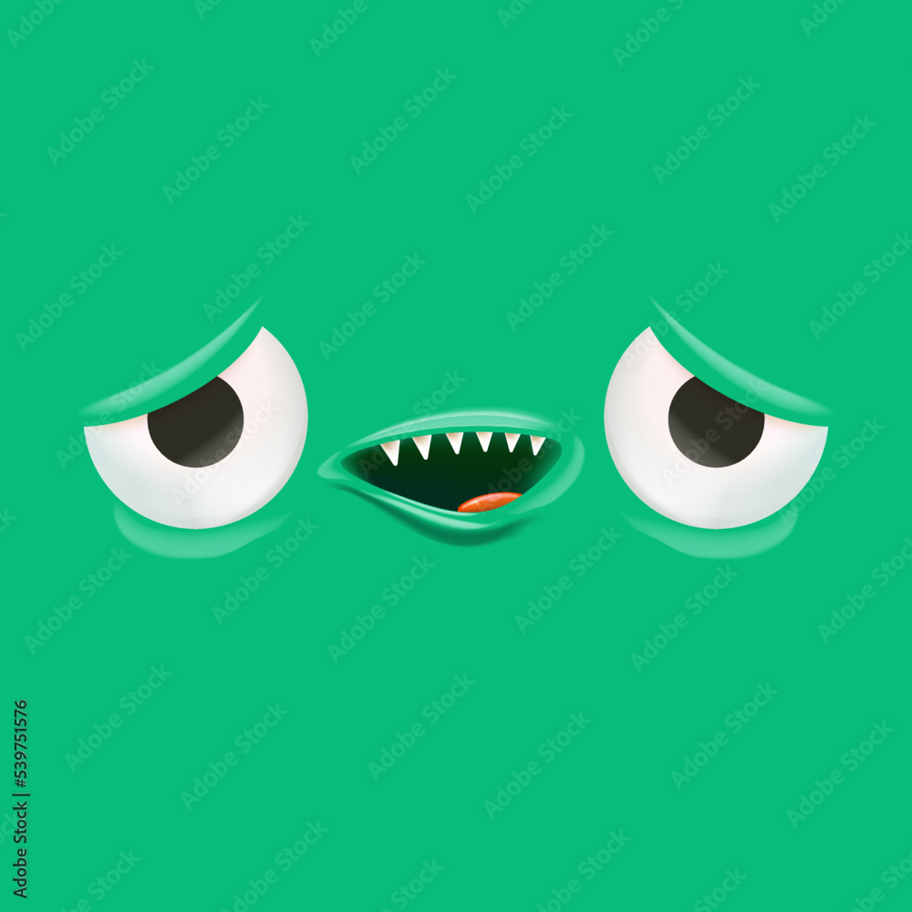 Vector funny green monster face with open mouth with fangs and eyes isolated on green background. Halloween cute and funky monster design template for poster, banner and tee print Vector funny green monster face with open mouth with fangs and eyes isolated on green background. Halloween cute and funky monster design template for poster, banner and tee print