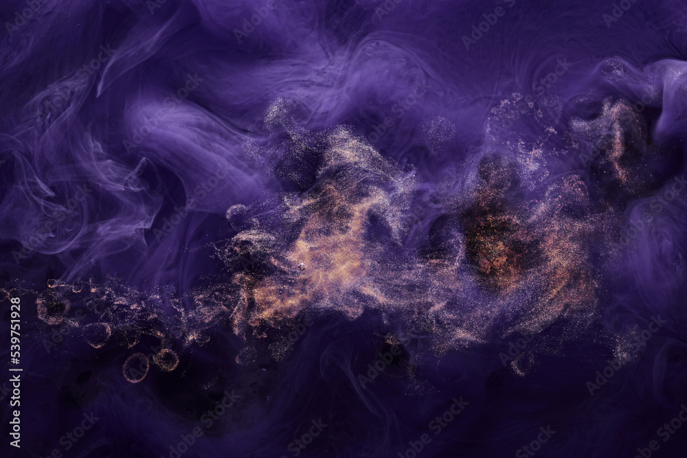 Obraz premium Lilac sparkling abstract background, luxury gold smoke, acrylic paint underwater explosion, cosmic swirling ink