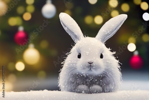 Photorealistic cute and adorable bunny at the beautiful Christmas tree, ai generated illustration