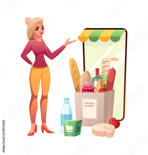 Online supermarket concept. Woman buying in supermarket and online Food and other groceries. Vector cute character Illustration in cartoon style.
