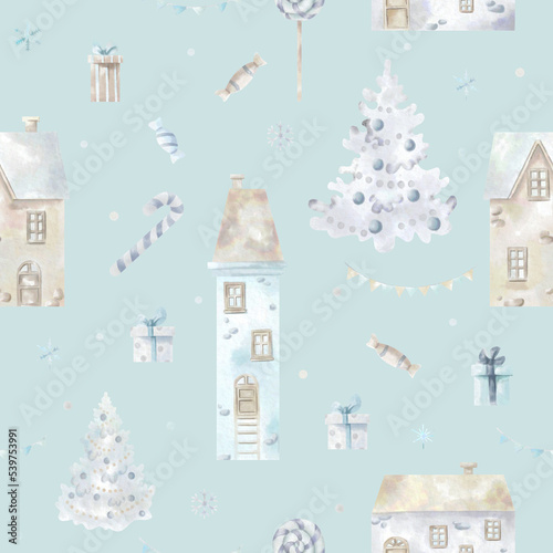 Christmas watercolor seamless pattern with hand drawn christmas tree, houses, gifts, candies. Cute design for Christmas wrappings, textile and backgrounds