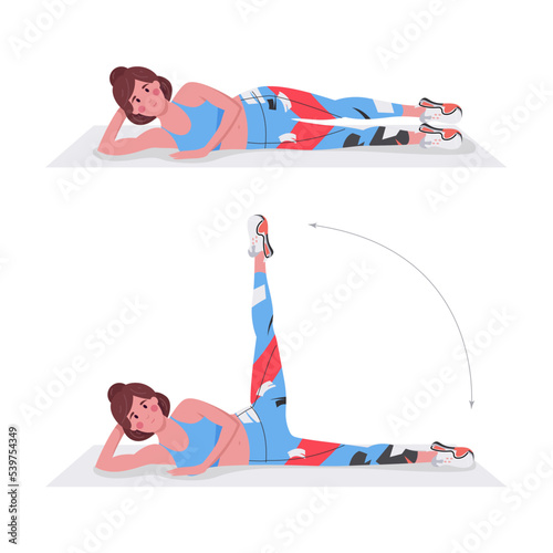 Side Leg Raises, young female athlete doing fitness exercise, fitness at home.
