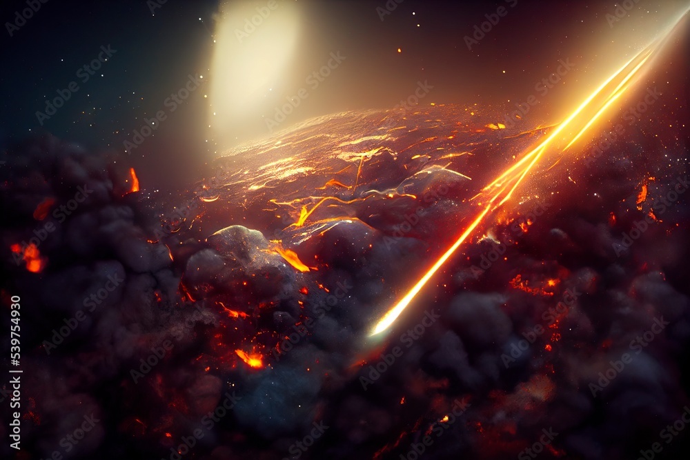 Fired Asteroid In Collision With Planet - 3d Rendering. sci fi outer space background. Fired Asteroid In Collision With Planet - 3d Rendering. sci fi outer space background.