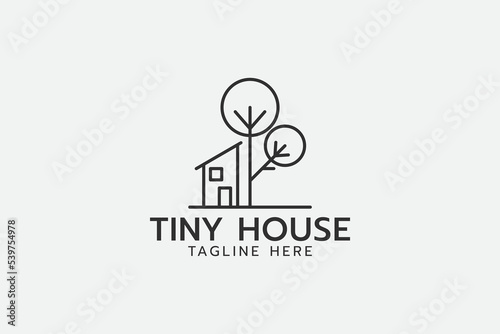 tiny house logo with a combination of tiny house and tree with line style.