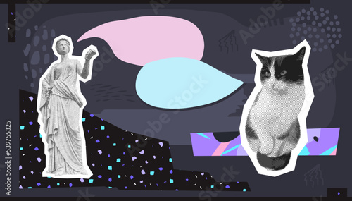 Fashion digital illustration collage art. Mixed animal, geometry and abstract creative 
objects. Stylish zine funny design