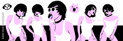 Fashion digital illustration set. Stylish party Girl on trendy creative background