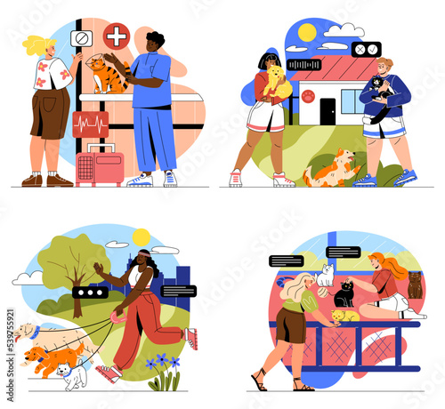Animal care concept. Veterinarian clinic, dog walker, pet sitters and shelter. Owners love their dogs and cats. Friendship between humans and animals. Cartoon flat vector collection isolated on white