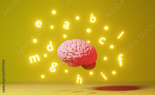 English learning Foreign language fluency improvement studying Human brain letters yellow background 3d rendering. Memory Remote Online Application Education course Expressions idiom Listening Reading